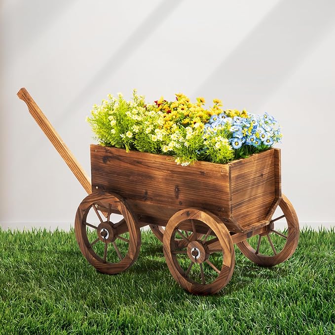 Rustic Wooden Flower Cart with Wheels