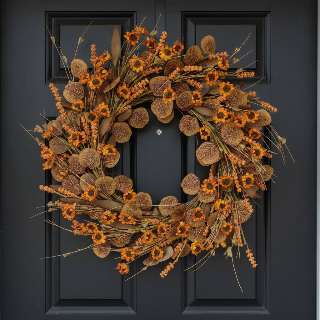 22 Inch Fall Wreath with Eucalyptus Leaves &amp; Wild Flowers