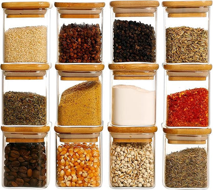 Set of 12 Square Glass Spice Jars with Airtight Bamboo Lids - 9oz