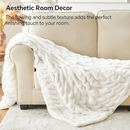 Soft and Cozy Ruched Faux Rabbit Fur Blanket - Cream, 50 x 60 inch