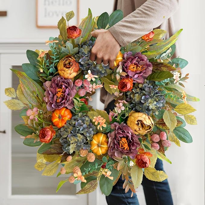 24 Inch Fall Wreath with Blue Hydrangea, Purple/Orange Peony and Pumpkins