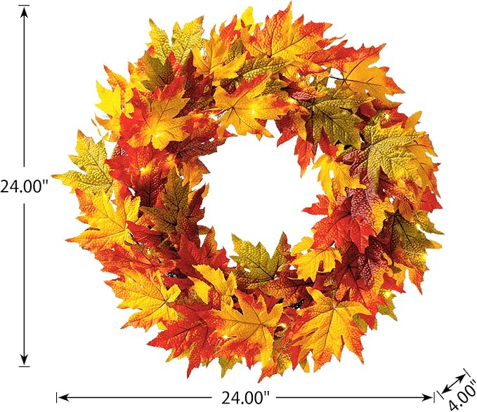 24 Inch Pre-lit Maple Leaf Wreath with Timer