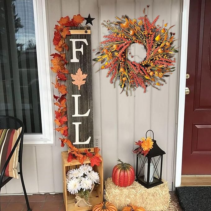 24 inch Fall Wreath with Mini Pumpkins, Hawthorn,Grain,Lantern Fruit,Berries &amp; Eucalyptus Leaves