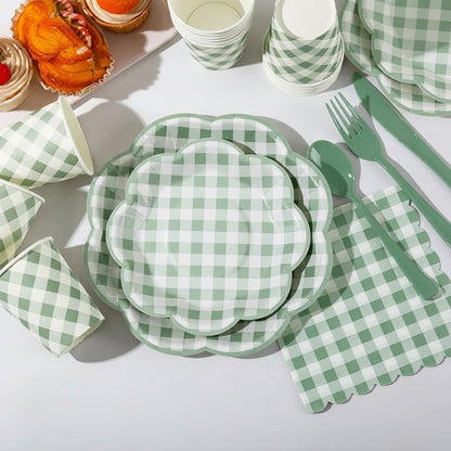 350 Piece Sage Green Gingham Paper Plates and Napkins Party Supplies for 50 Guests