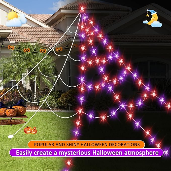 Halloween LED Lighted Spider Web - 16.4 ft Giant Halloween Decoration with 8 Lighting Modes, Orange &amp; Purple