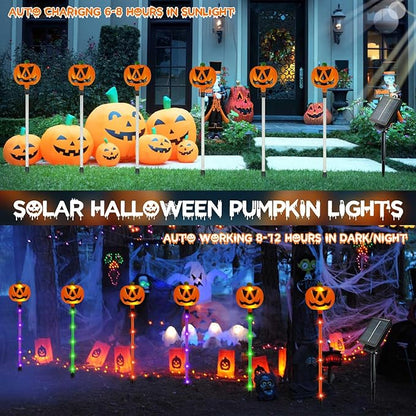 12 Pack Solar Halloween Pumpkin Lights - Orange/Purple/Green, Waterproof