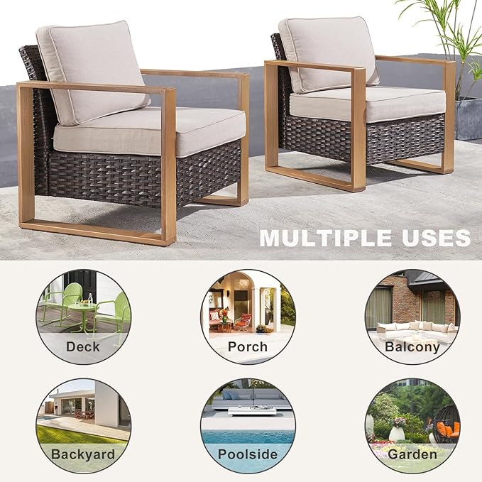 Wicker Outdoor Patio Chairs with Cushions - Set of 2