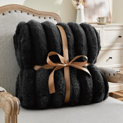 Thick Warm Plush Fuzzy Faux Rabbit Fur Blanket - Black, 50 x 60 inch