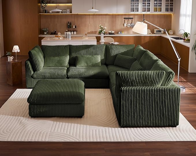 Oversized Modular Corduroy Sectional with Ottoman in Green