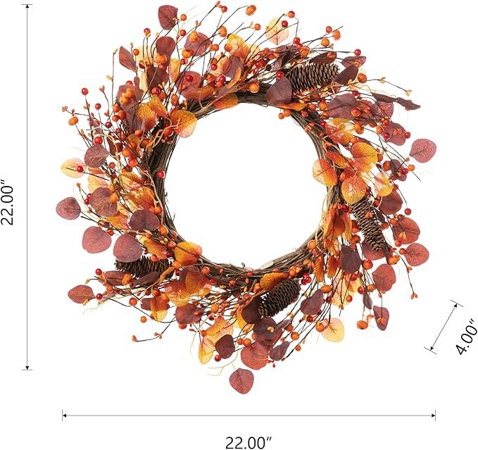 22 inch Fall Berry Wreath with Purple Eucalyptus and Pine Cones
