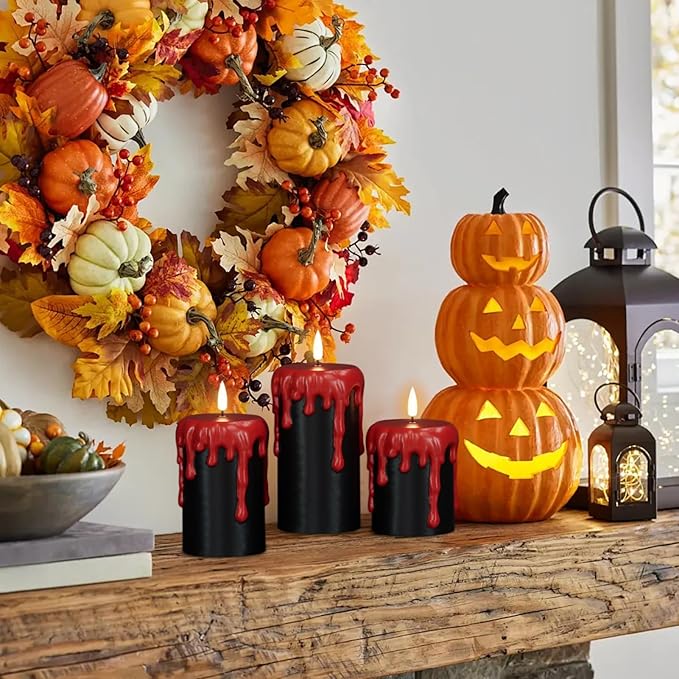 Set of 3 Halloween Flameless Candles with 6H Timer - Black/Red