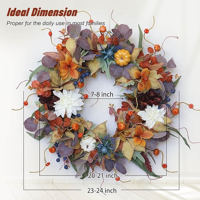 24 Inch Autumn Wreath with Pumpkins, Silk Leaves &amp; Purple Flowers