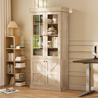 Tall Farmhouse Bookshelves with Glass Doors and Drawers, Set of 3 – Natural