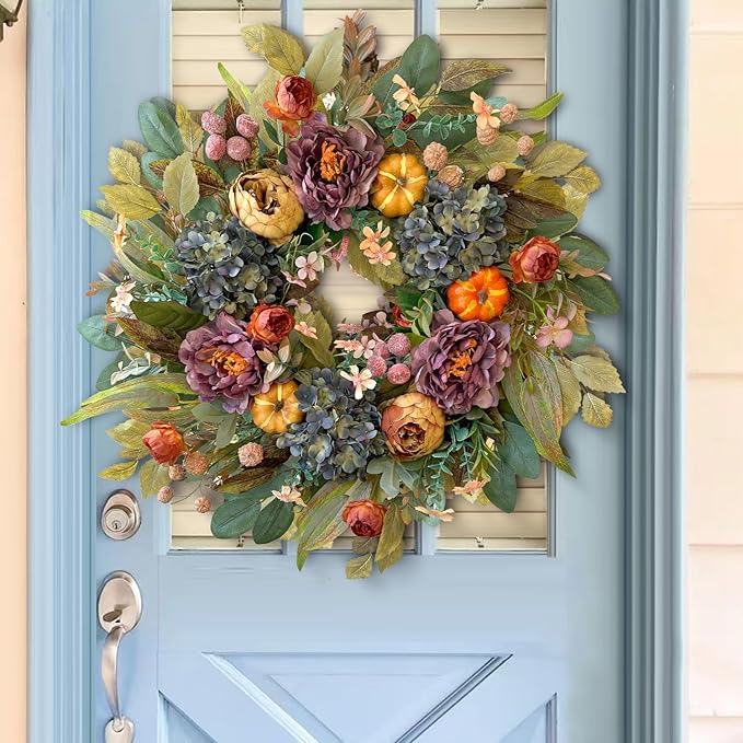 24 Inch Fall Wreath with Blue Hydrangea, Purple/Orange Peony and Pumpkins