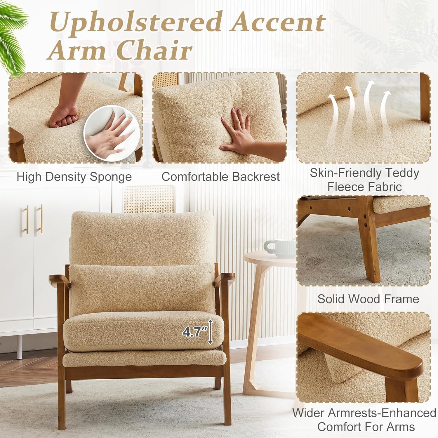 Teddy Velvet Upholstered Armchair With Pillow in Light Khaki