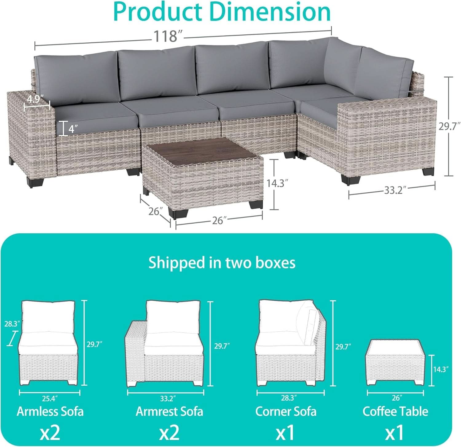 6-Piece Outdoor Modular Wicker Patio Set - Gray