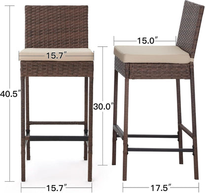 Outdoor Rattan Bar Stools w/ Beige Cushions - Set of 4