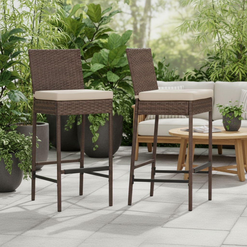 Outdoor Rattan Bar Stools w/ Beige Cushions - Set of 4