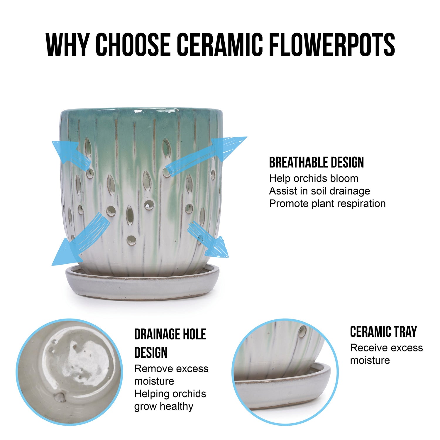 Set of 2 Ceramic Flowerpots - White/Aqua