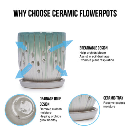 Set of 2 Ceramic Flowerpots - White/Aqua