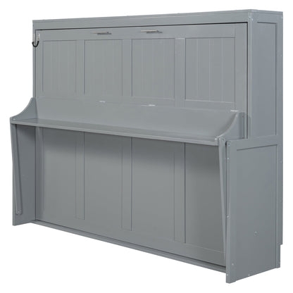 Queen Size Murphy Bed with Hydraulic Lift &amp; Desk Design - Gray