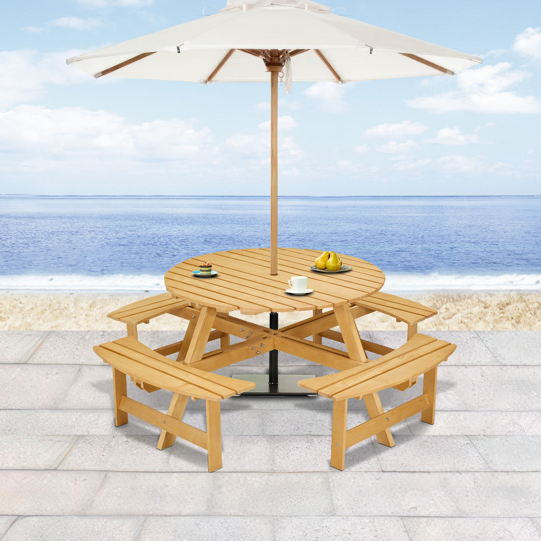 8-Person Round Picnic Table with 4 Built-in Benches - Natural Finish