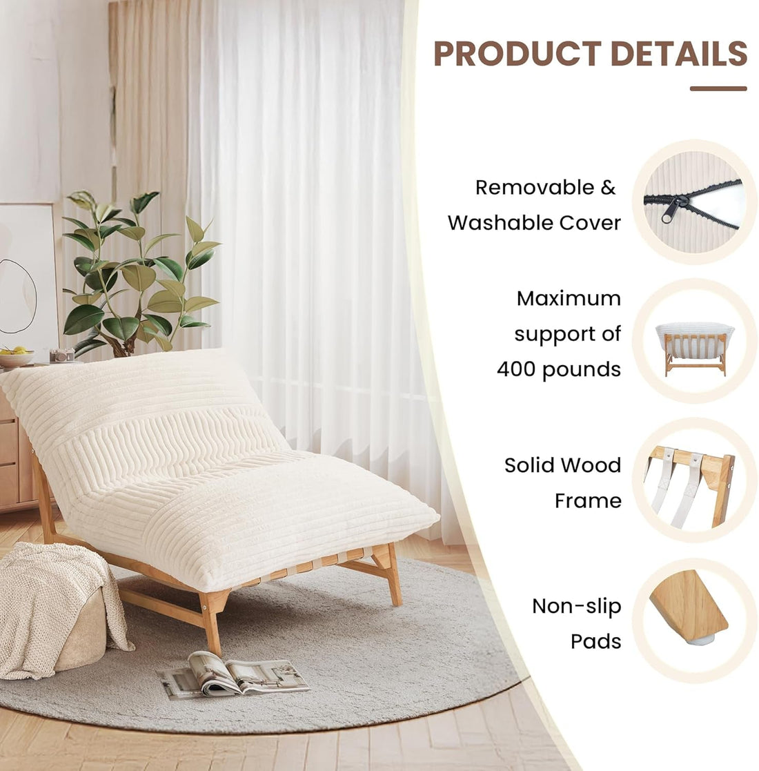 Oversized Chaise Lounge Chair in Beige Corduroy