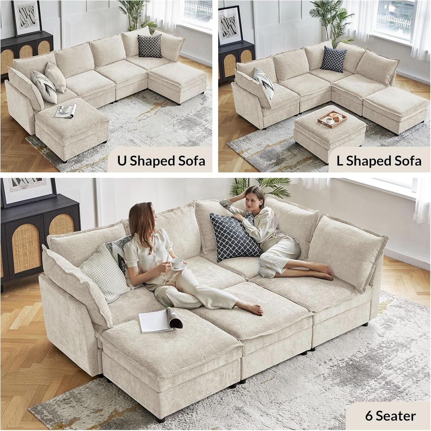 Oversized Modular Cloud Sectional Sofa w/ Storage Ottoman - Beige