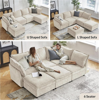 Oversized Modular Cloud Sectional Sofa w/ Storage Ottoman - Beige