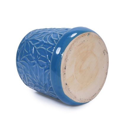 Set of 2 Embossed Ceramic Flowerpots - Blue