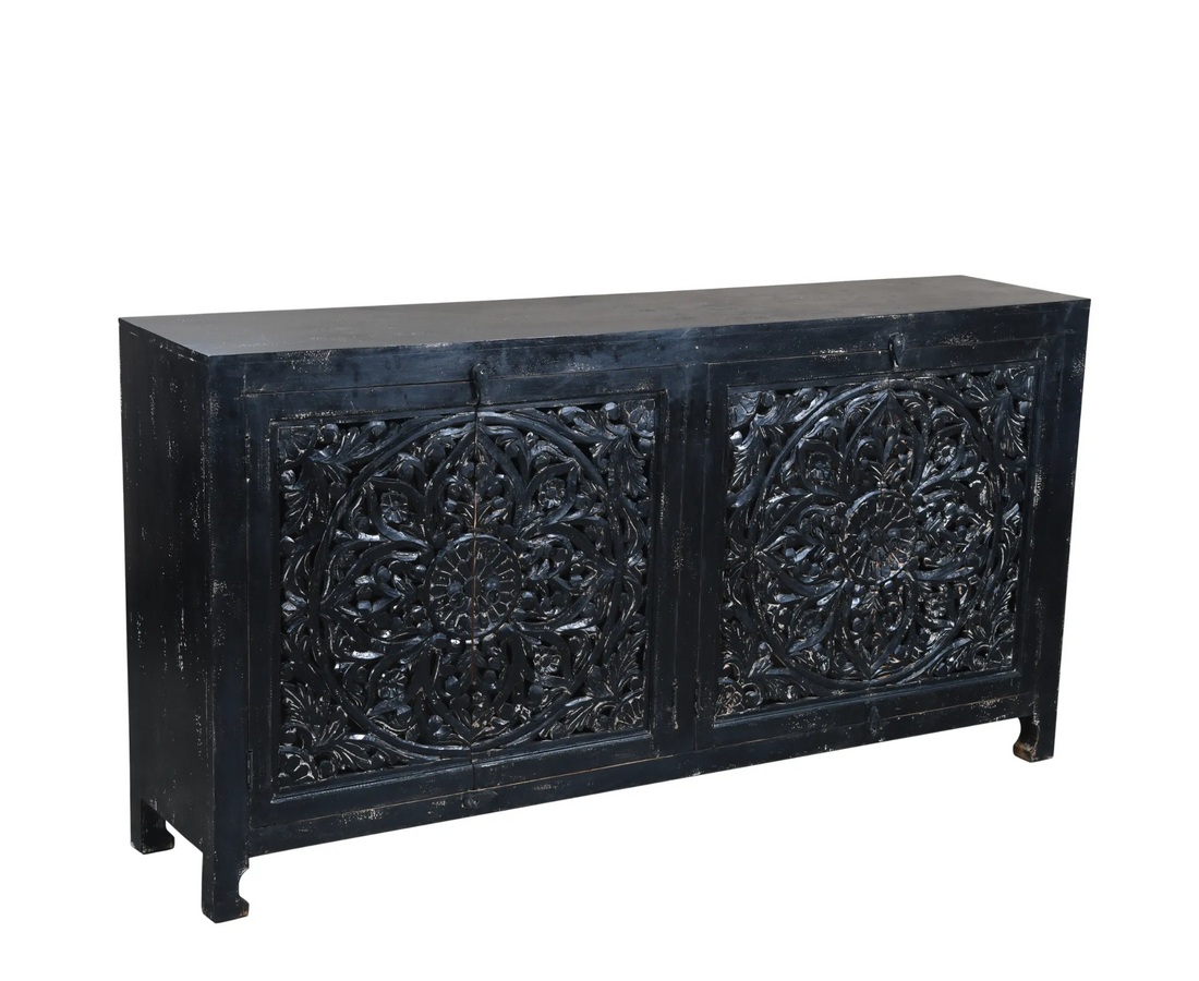 Hawk Black Handcarved 4 Door Buffet Sideboard