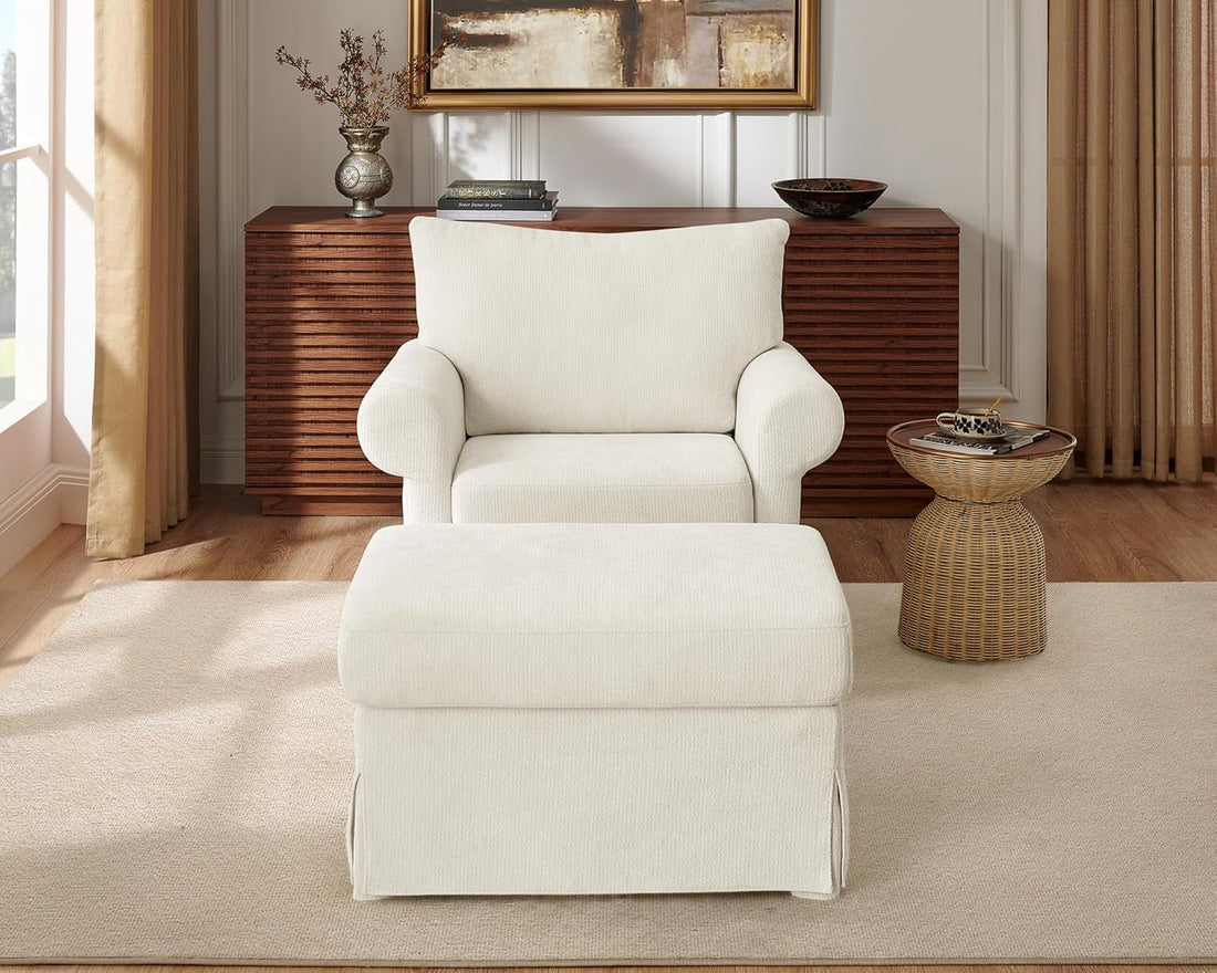 Beige Chenille Contemporary Chair &amp; Ottoman - 2 Pc Set
