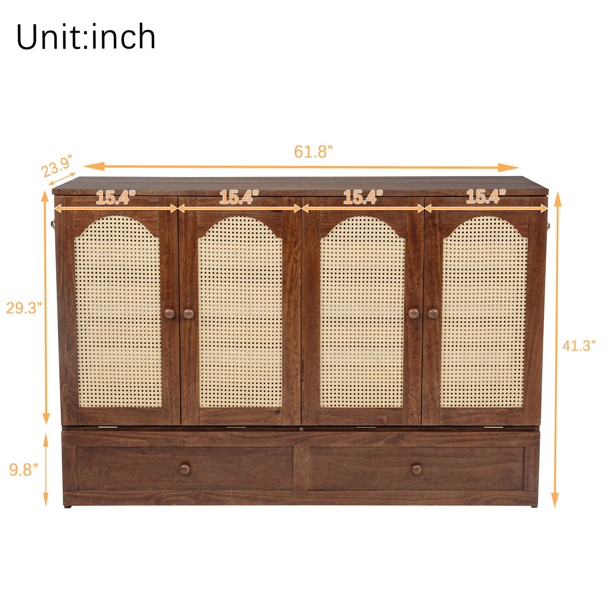Queen Size Murphy Bed, Pine Wood with Power Station and Rattan Decoration Panel - Walnut