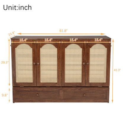 Queen Size Murphy Bed, Pine Wood with Power Station and Rattan Decoration Panel - Walnut