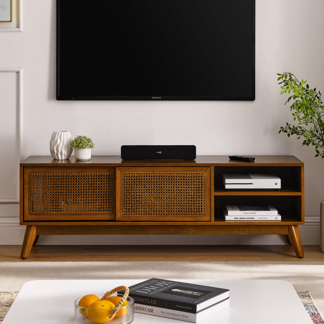 59 Inch Mid Century Modern Rattan TV Stand