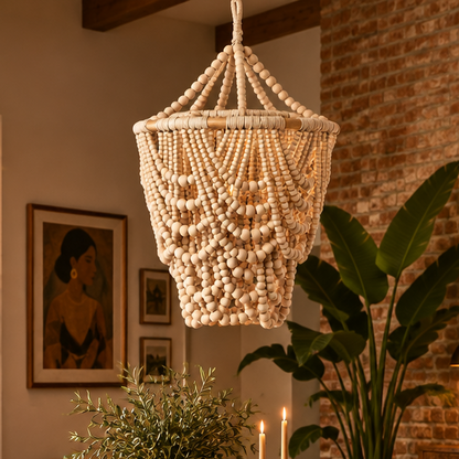 Natural Wood Beaded 26 in. Chandelier