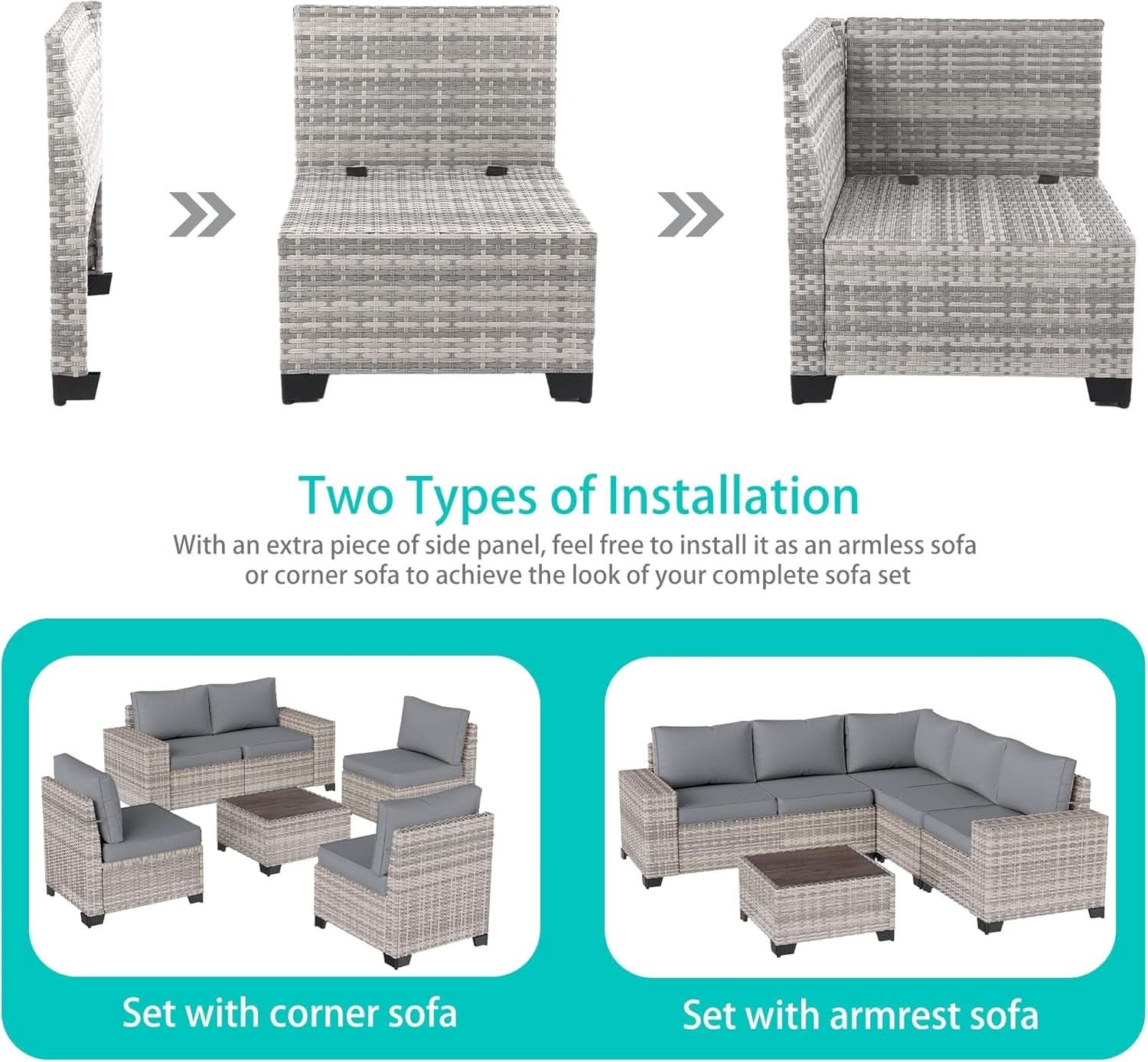 6-Piece Outdoor Modular Wicker Patio Set - Gray
