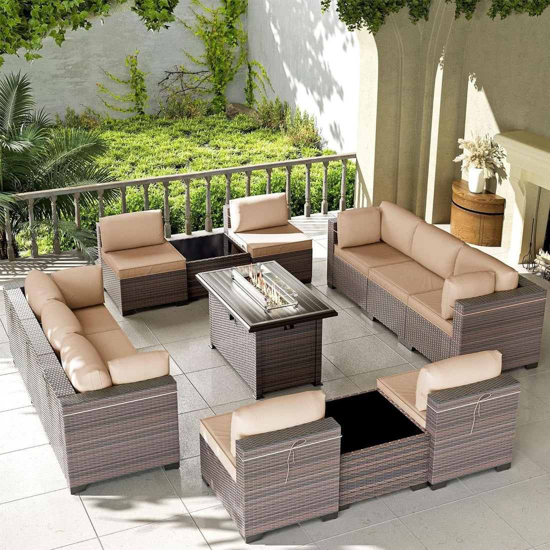 13 Piece Outdoor Patio Furniture Set with Fire Pit - Sand
