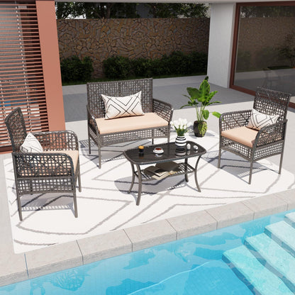 4 Pc Outdoor Rattan Patio Set - Grey with Apricot Cushions