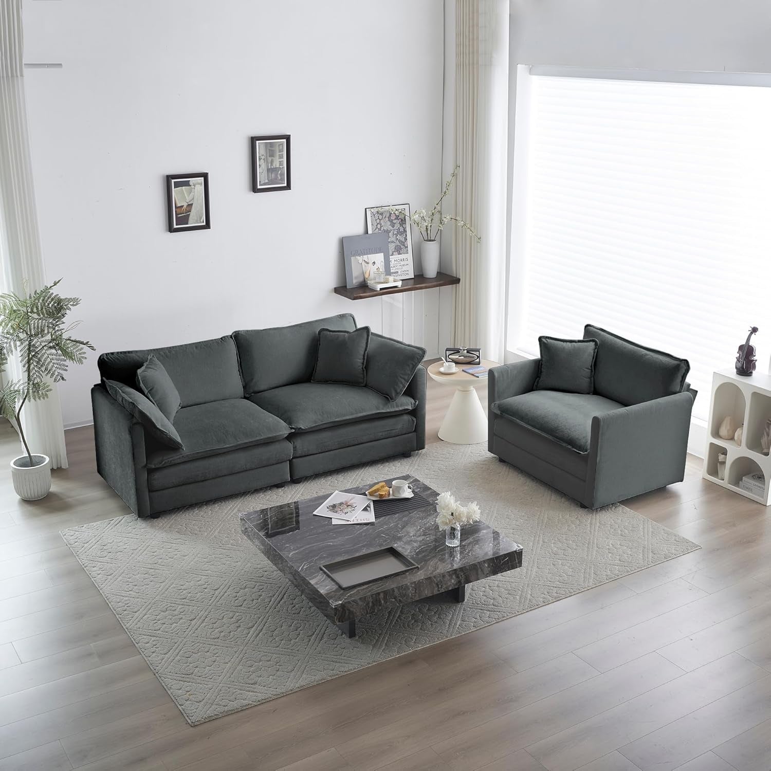 Chenille 2 Piece Loveseat Armchair Set in Charcoal