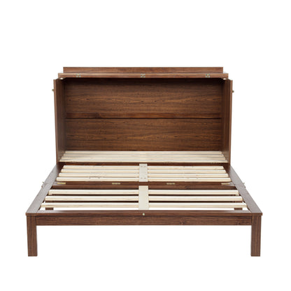Queen Size Murphy Bed, Pine Wood with Power Station and Rattan Decoration Panel - Walnut