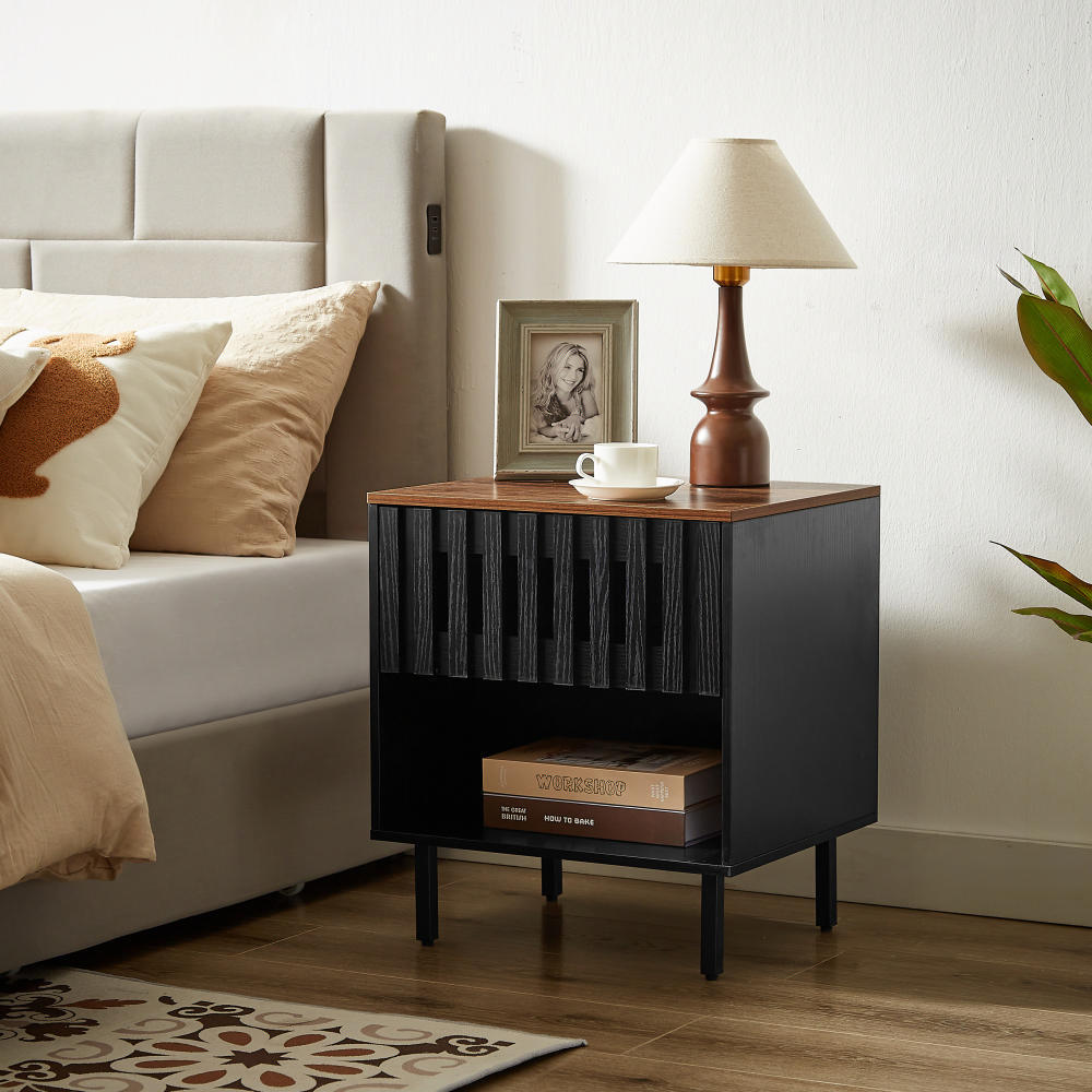 Set of 2 Mid Century Modern Nightstands - Black + Brown