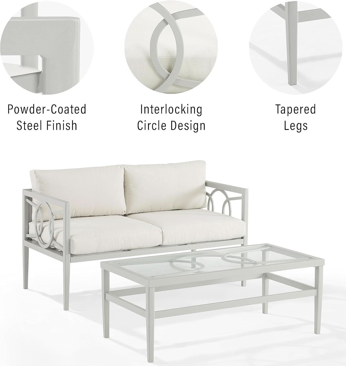 2 Piece Outdoor Gray Metal Loveseat and Coffee Table Set with Creme Cushions