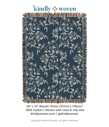 Teal Bird and Botanical Jacquard Woven Throw