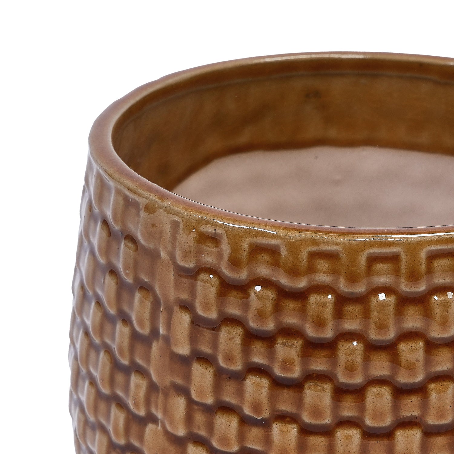 Set of 3 Weave Pattern Ceramic Pots - Brown