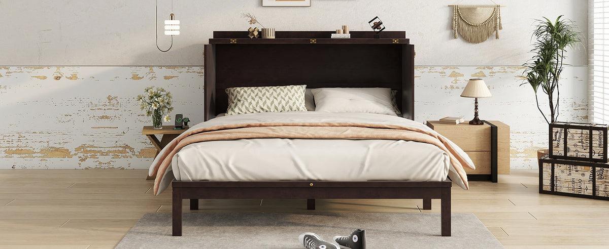 Queen Size Murphy Bed, Pine Wood with Power Station and Rattan Decoration Panel - Espresso