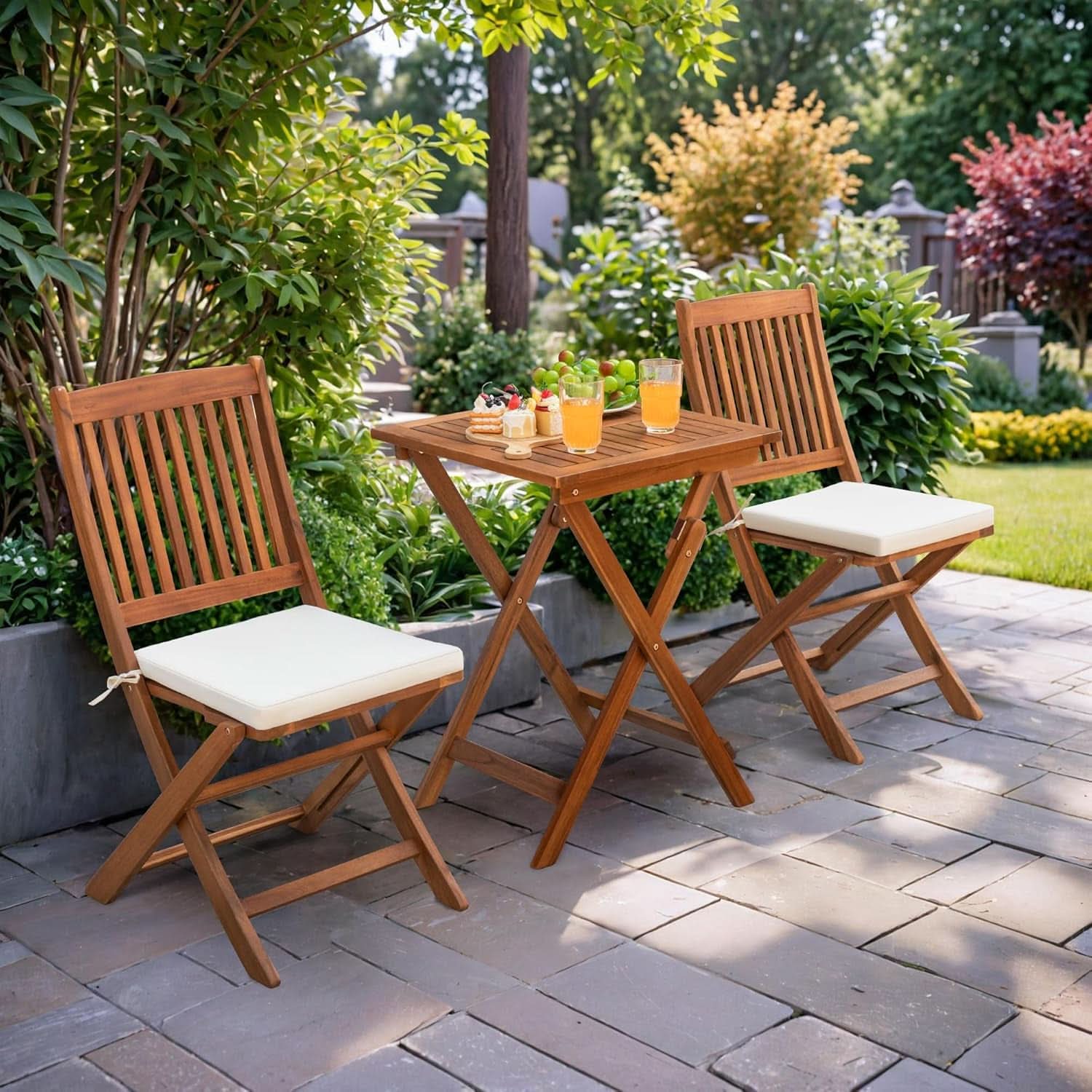 3 Piece Outdoor Folding Bistro Set With Cushions -  Acacia Wood