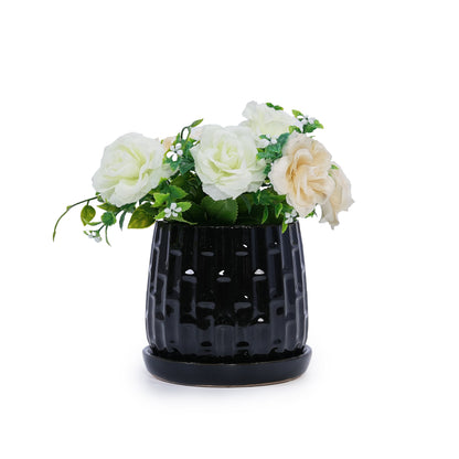 Set of 2 Patterned Ceramic Flowerpots - Black