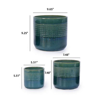 Set of 3 Grid Ceramic Flowerpots - Teal
