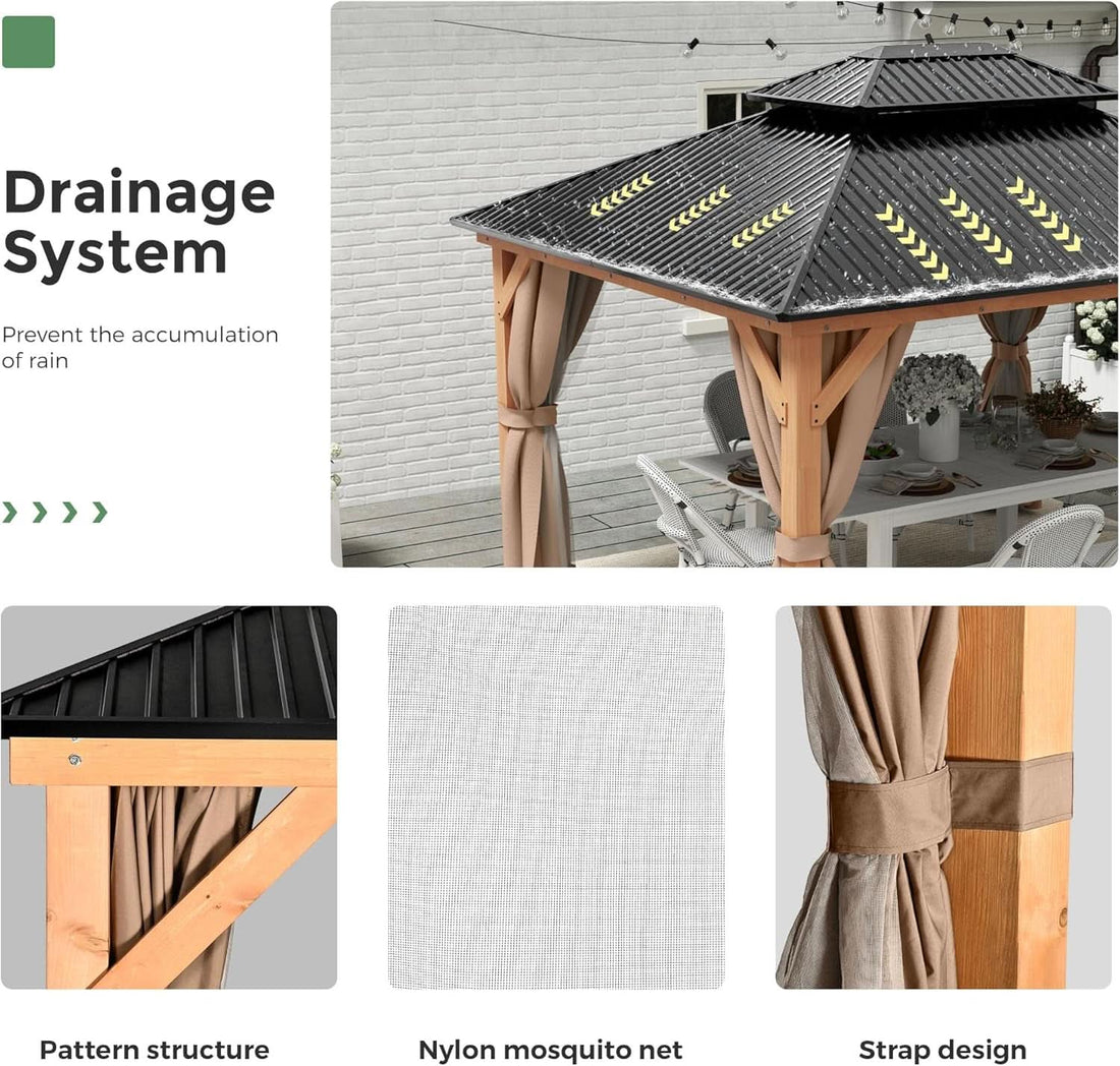 11x13 Wood Gazebo With Durable Galvanized Steel Roof And Curtains